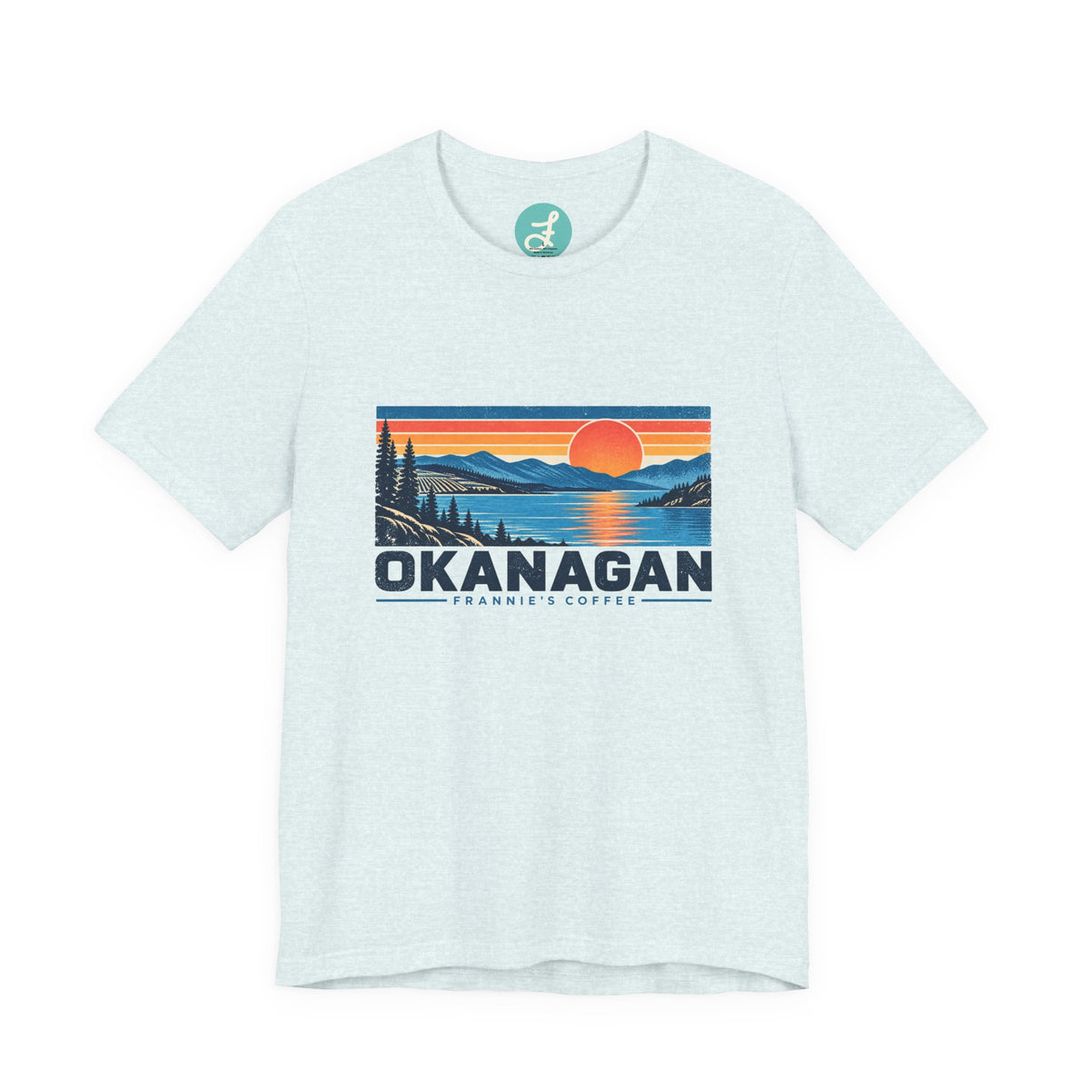 Frannie's Coffee Okanagan t-shirt in Heather Ice Blue: front with the Okanagan lake sunset print