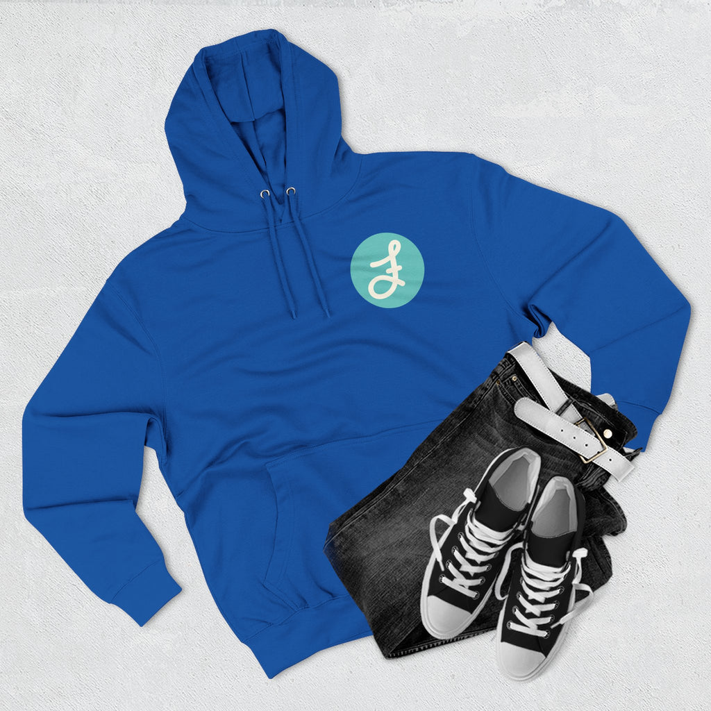 Frannie's Coffee logo hoodie in Royal Blue: laid flat with jeans and sneakers