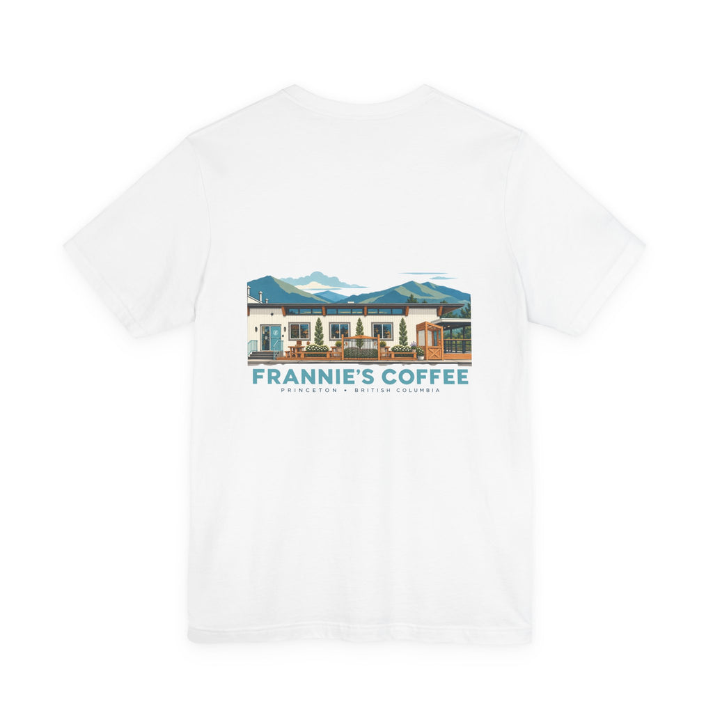 Frannie's Coffee Princeton, BC t-shirt in White: back print of the Princeton café illustration