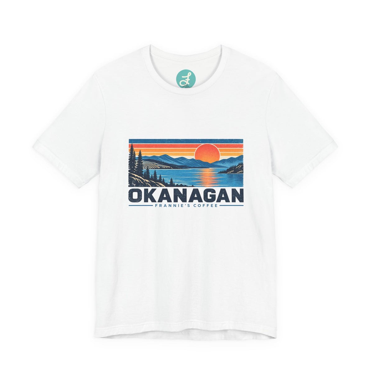 Frannie's Coffee Okanagan t-shirt in White: front with the Okanagan lake sunset print