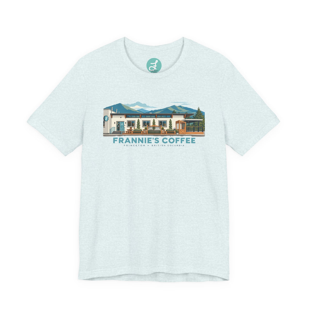 Frannie's Coffee Princeton, BC t-shirt in Heather Ice Blue: front with the Princeton café illustration