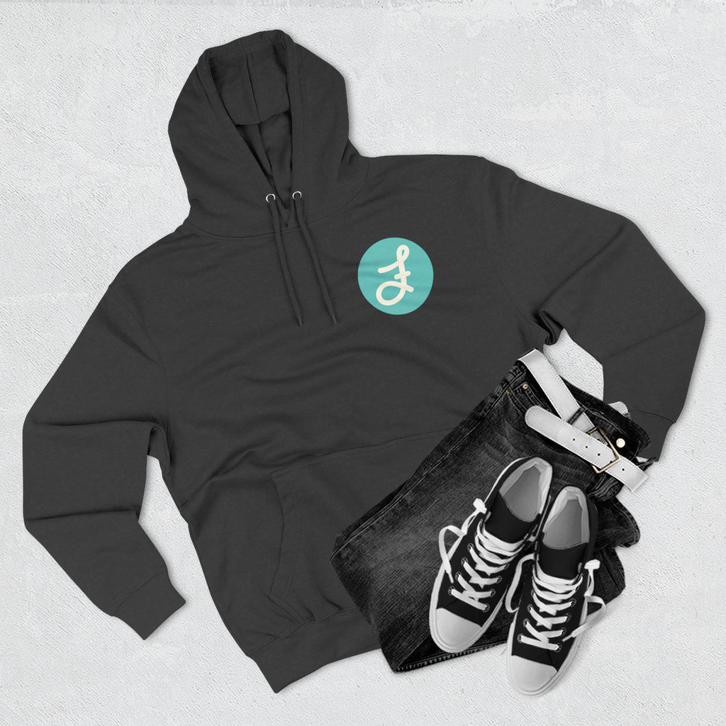 Frannie's Coffee logo hoodie in Charcoal Heather: laid flat with jeans and sneakers