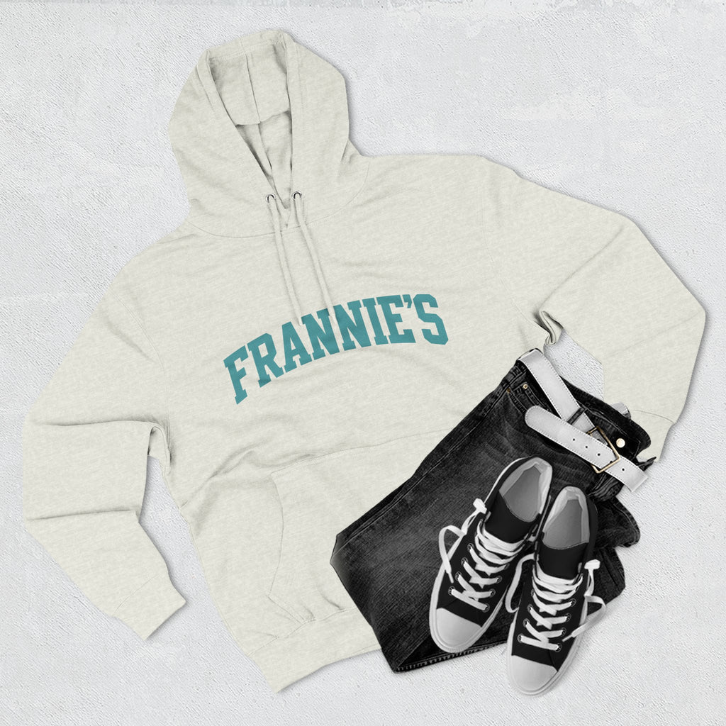 Frannie's varsity hoodie in Oatmeal Heather: laid flat with jeans and sneakers