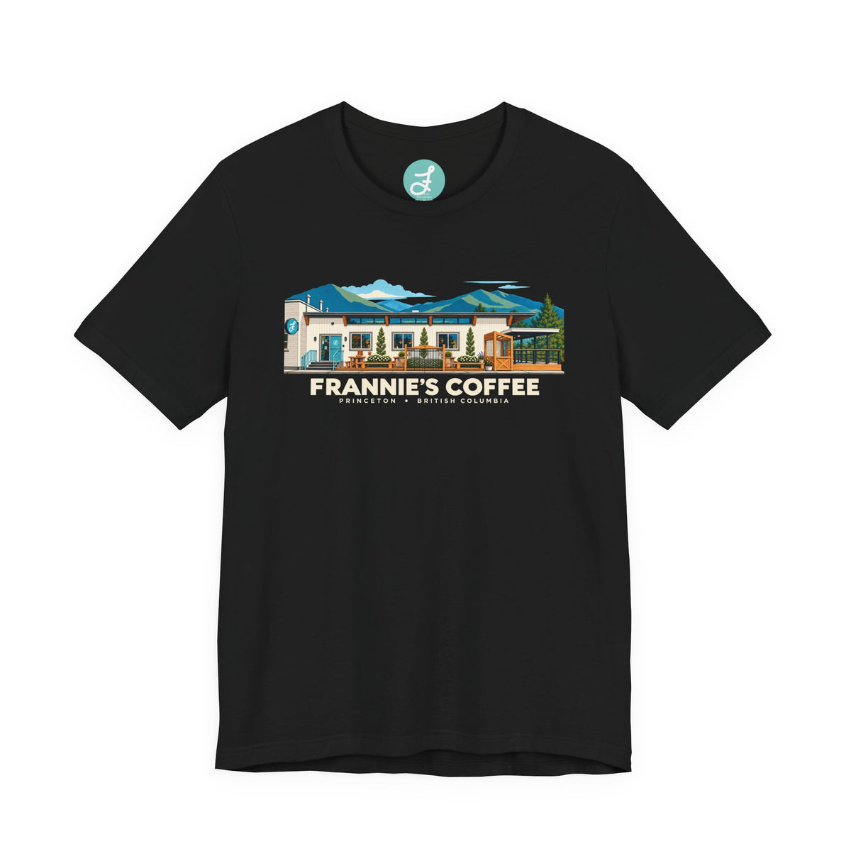 Frannie's Coffee Princeton, BC t-shirt in Black: front with the Princeton café illustration