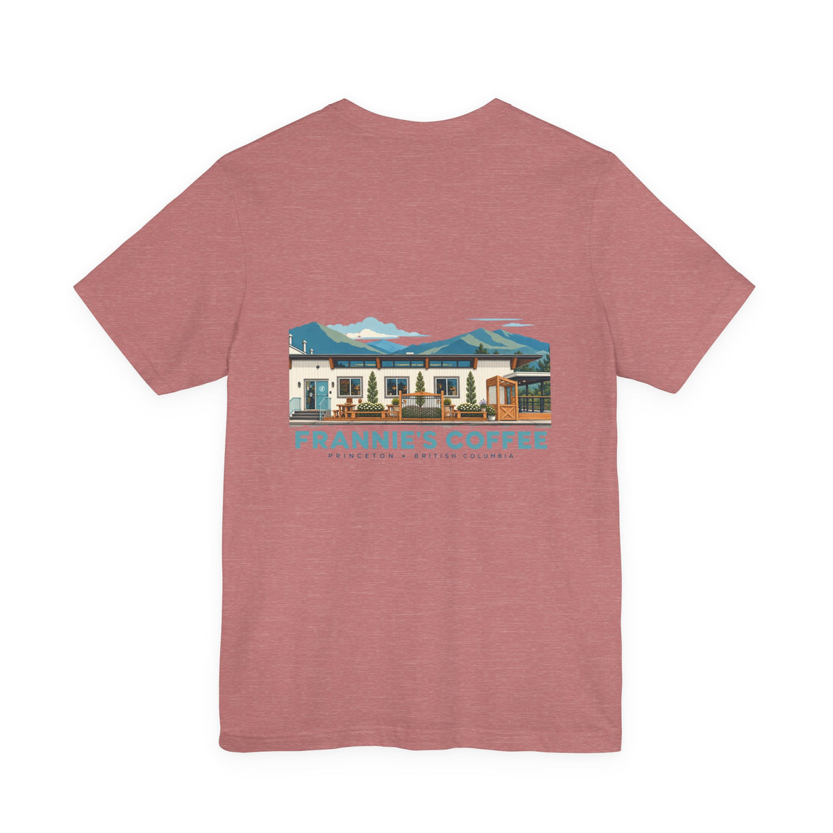 Frannie's Coffee Princeton, BC t-shirt in Heather Mauve: back print of the Princeton café illustration