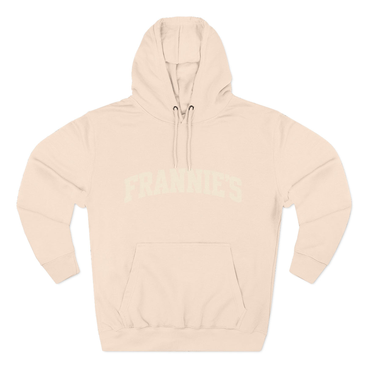 Frannie's varsity hoodie in Pale Pink: front with arched FRANNIE'S lettering