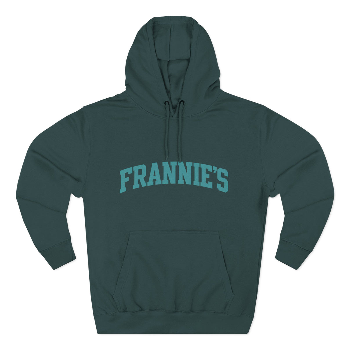 Frannie's varsity hoodie in Sports Green: front with arched FRANNIE'S lettering