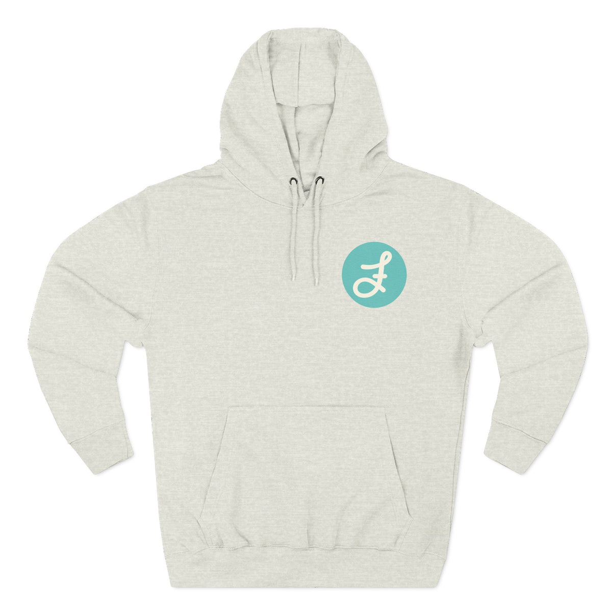 Frannie's Coffee logo hoodie in Oatmeal Heather: front with the F logo on the left chest