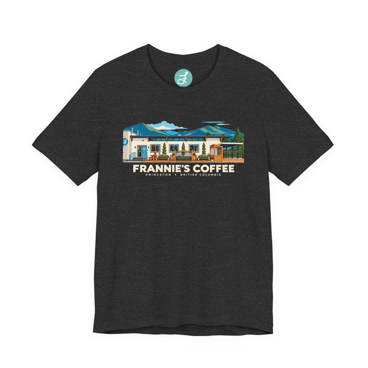 Frannie's Coffee Princeton, BC t-shirt in Dark Grey Heather: front with the Princeton café illustration