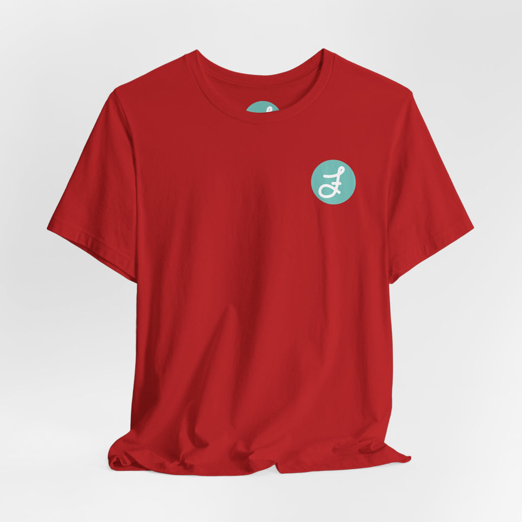 Frannie's Coffee Princeton, BC t-shirt in Red: front with the F logo on the left chest