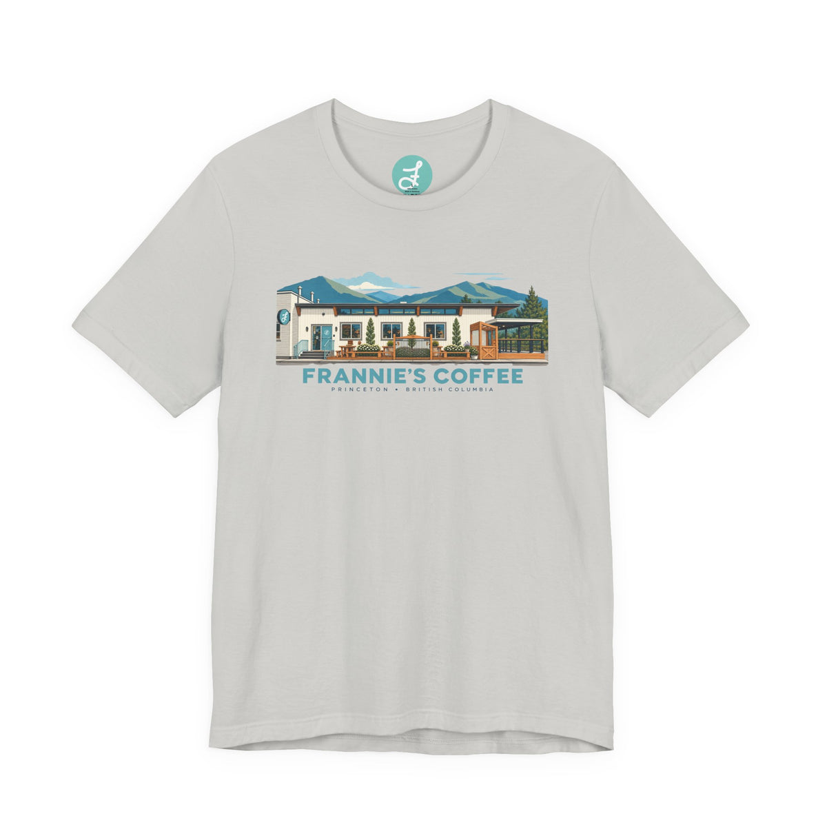 Frannie's Coffee Princeton, BC t-shirt in Silver: front with the Princeton café illustration