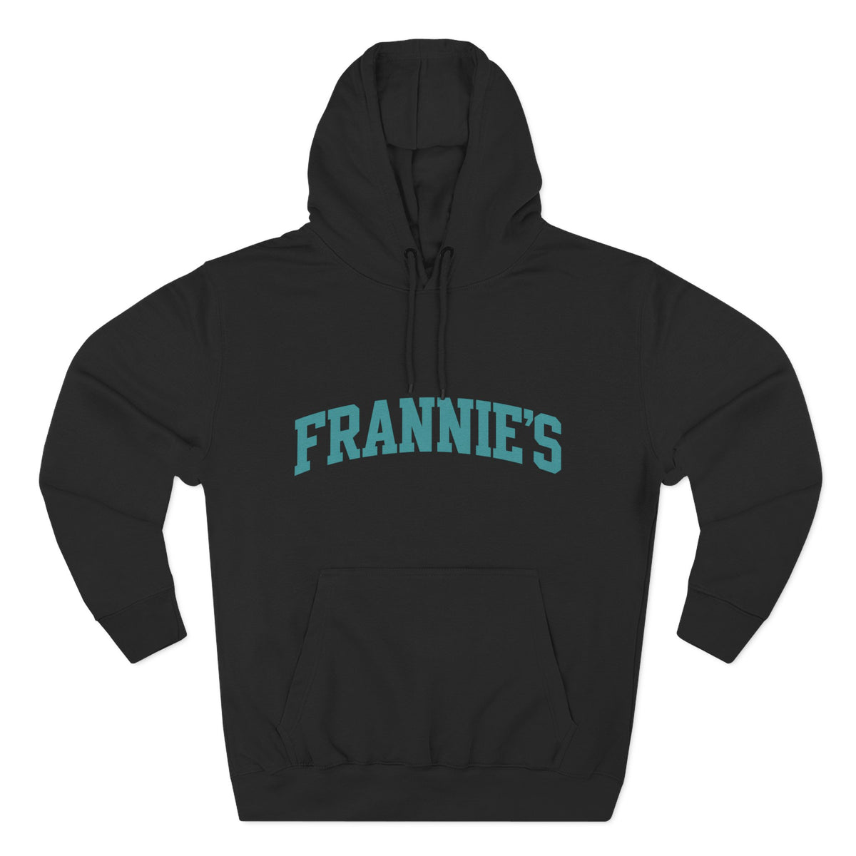 Frannie's varsity hoodie in Black: front with arched FRANNIE'S lettering
