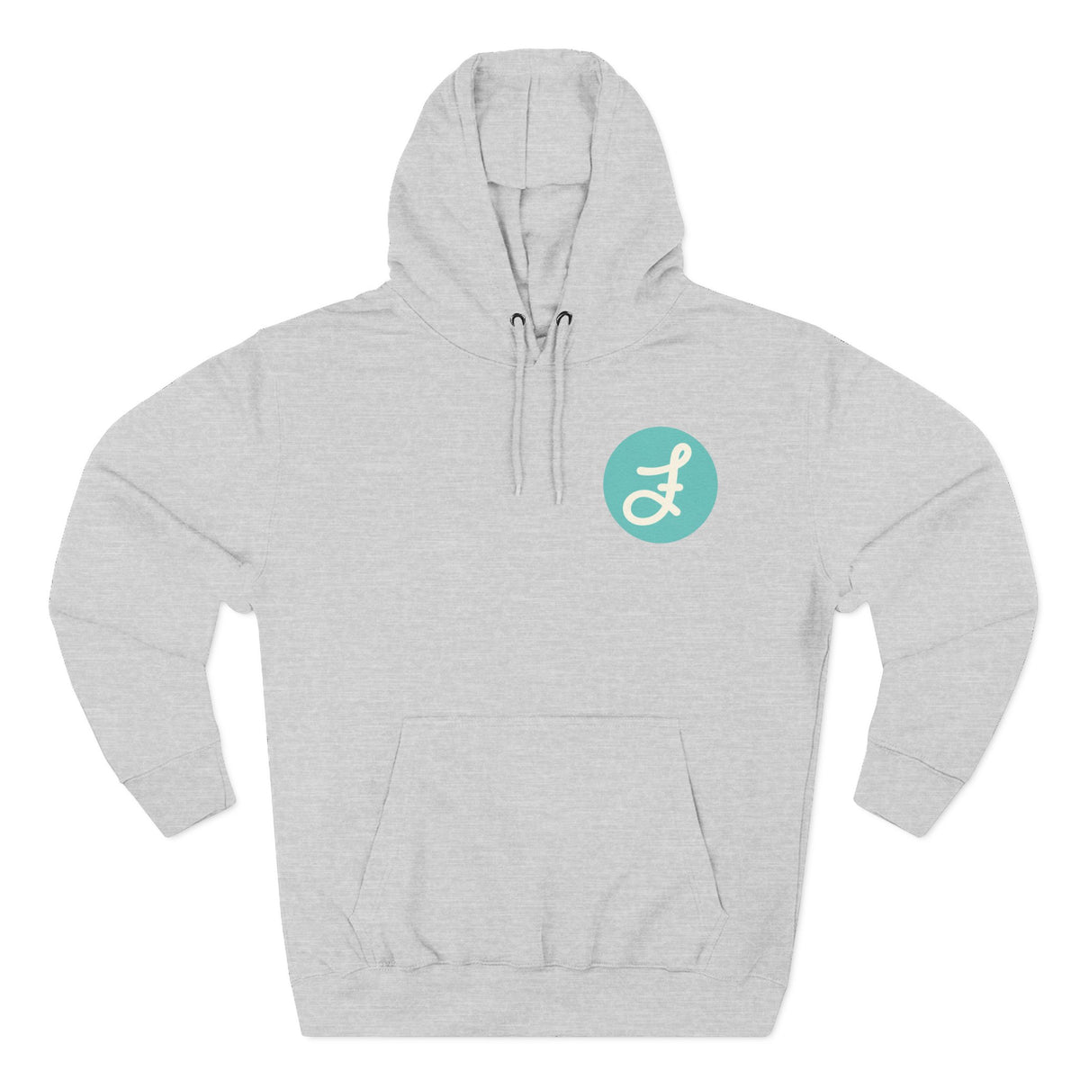 Frannie's Coffee logo hoodie in Heather Grey: front with the F logo on the left chest
