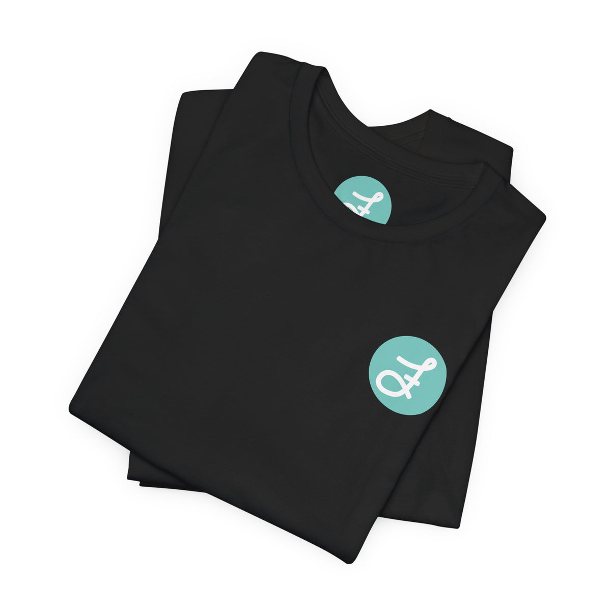 Frannie's Coffee Princeton, BC t-shirt in Black: folded, showing the F logo and printed neck label