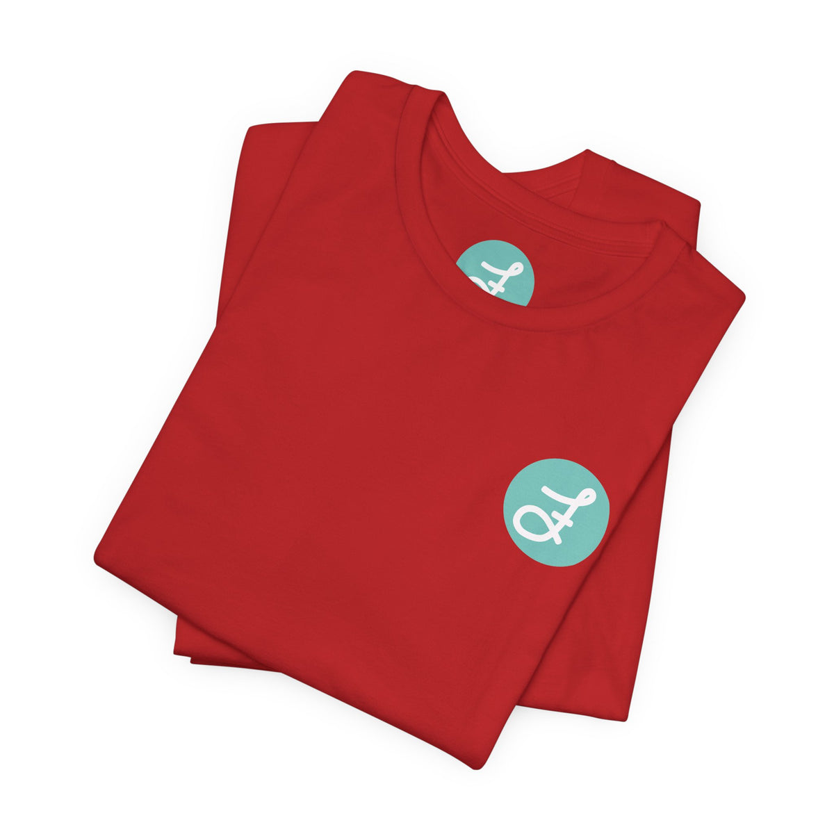Frannie's Coffee Princeton, BC t-shirt in Red: folded, showing the F logo and printed neck label