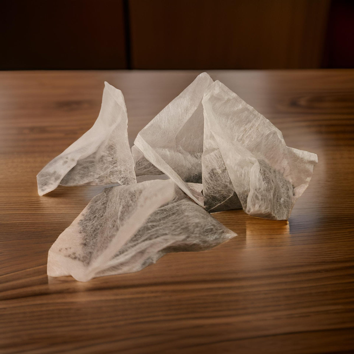 Tulameen Tea Company pyramid tea bags on a wooden table