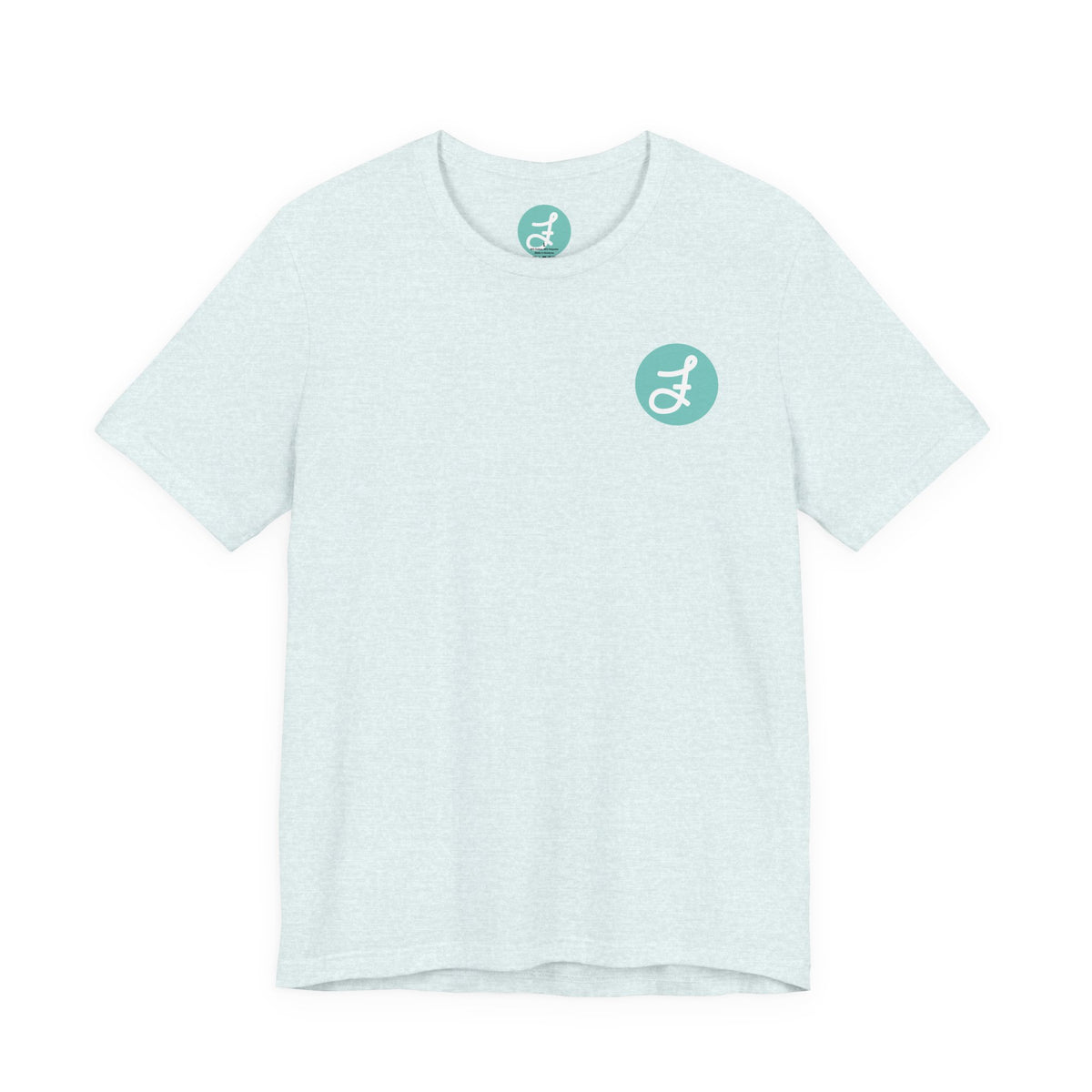 Frannie's Coffee Princeton, BC t-shirt in Heather Ice Blue: front with the F logo on the left chest