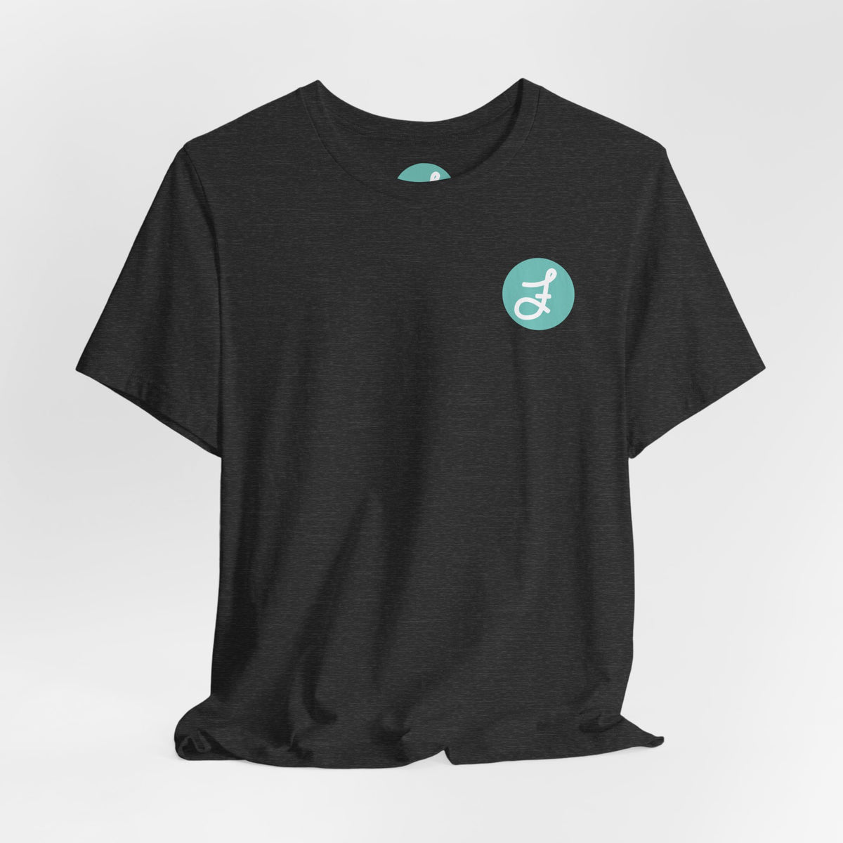 Frannie's Coffee Princeton, BC t-shirt in Dark Grey Heather: front with the F logo on the left chest