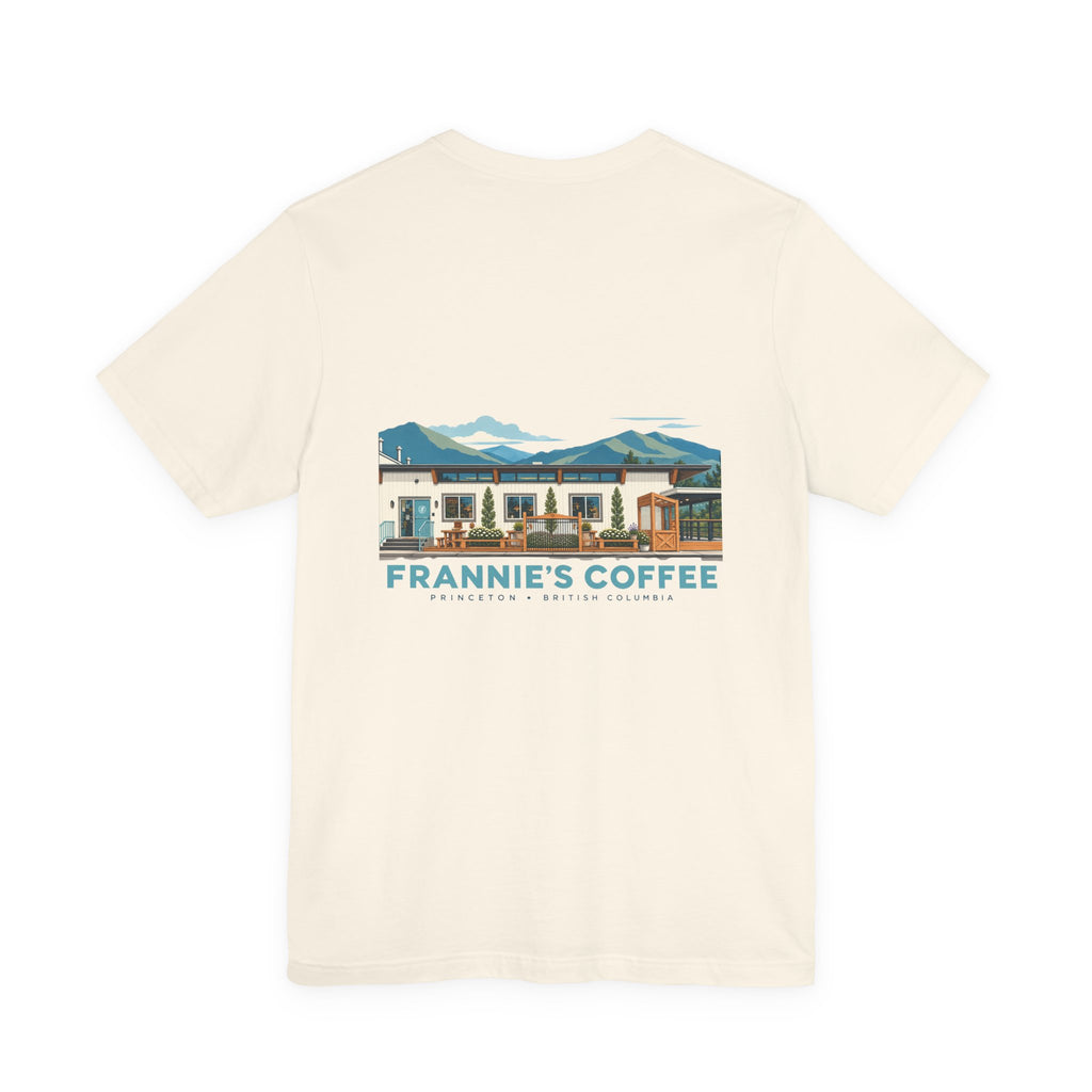 Frannie's Coffee Princeton, BC t-shirt in Natural: back print of the Princeton café illustration