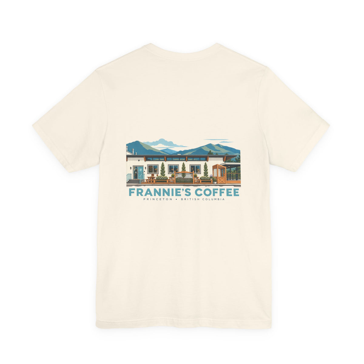 Frannie's Coffee Princeton, BC t-shirt in Natural: back print of the Princeton café illustration