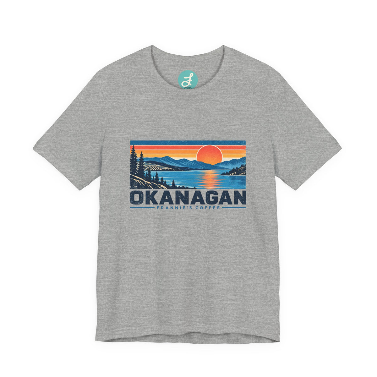 Frannie's Coffee Okanagan t-shirt in Athletic Heather: front with the Okanagan lake sunset print