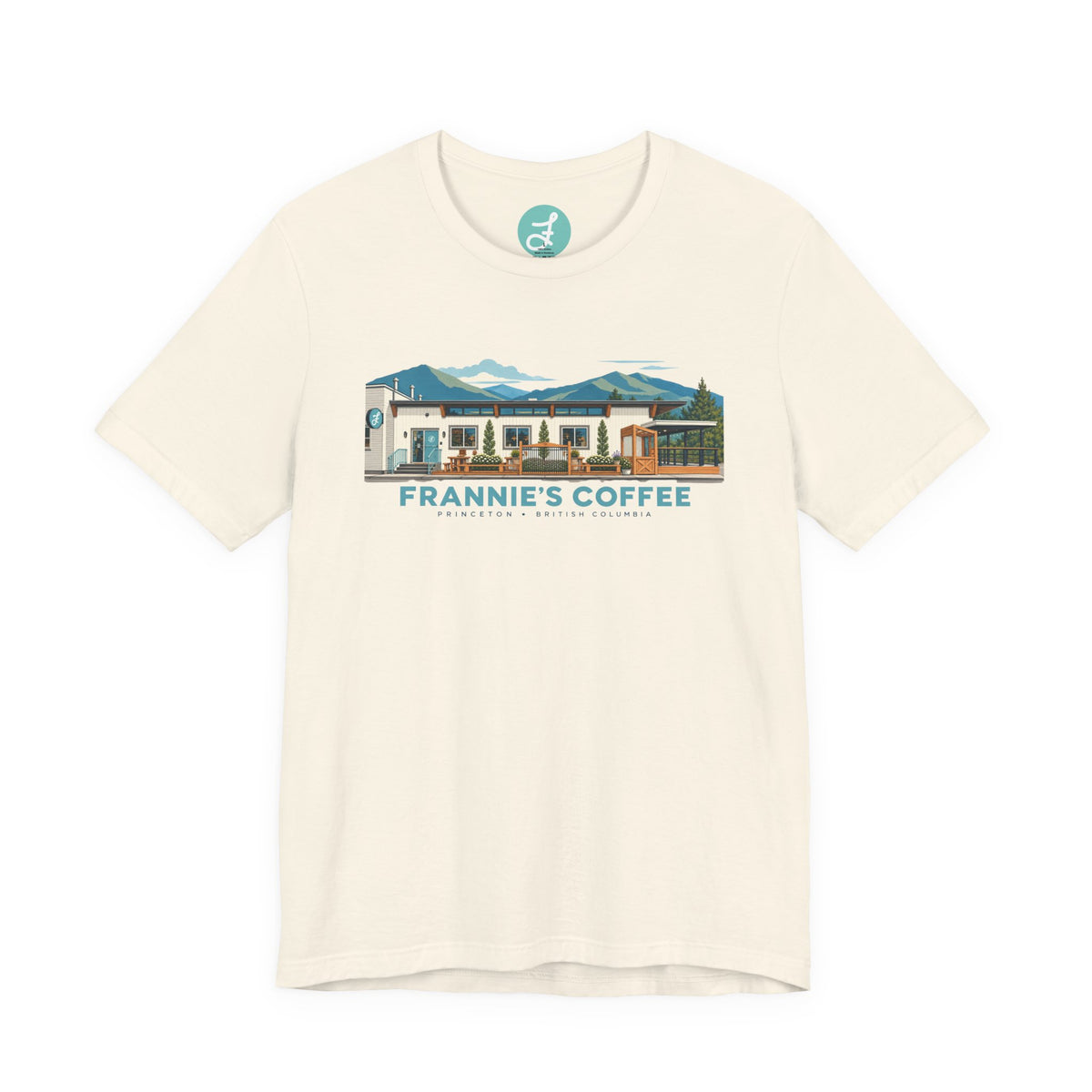 Frannie's Coffee Princeton, BC t-shirt in Natural: front with the Princeton café illustration