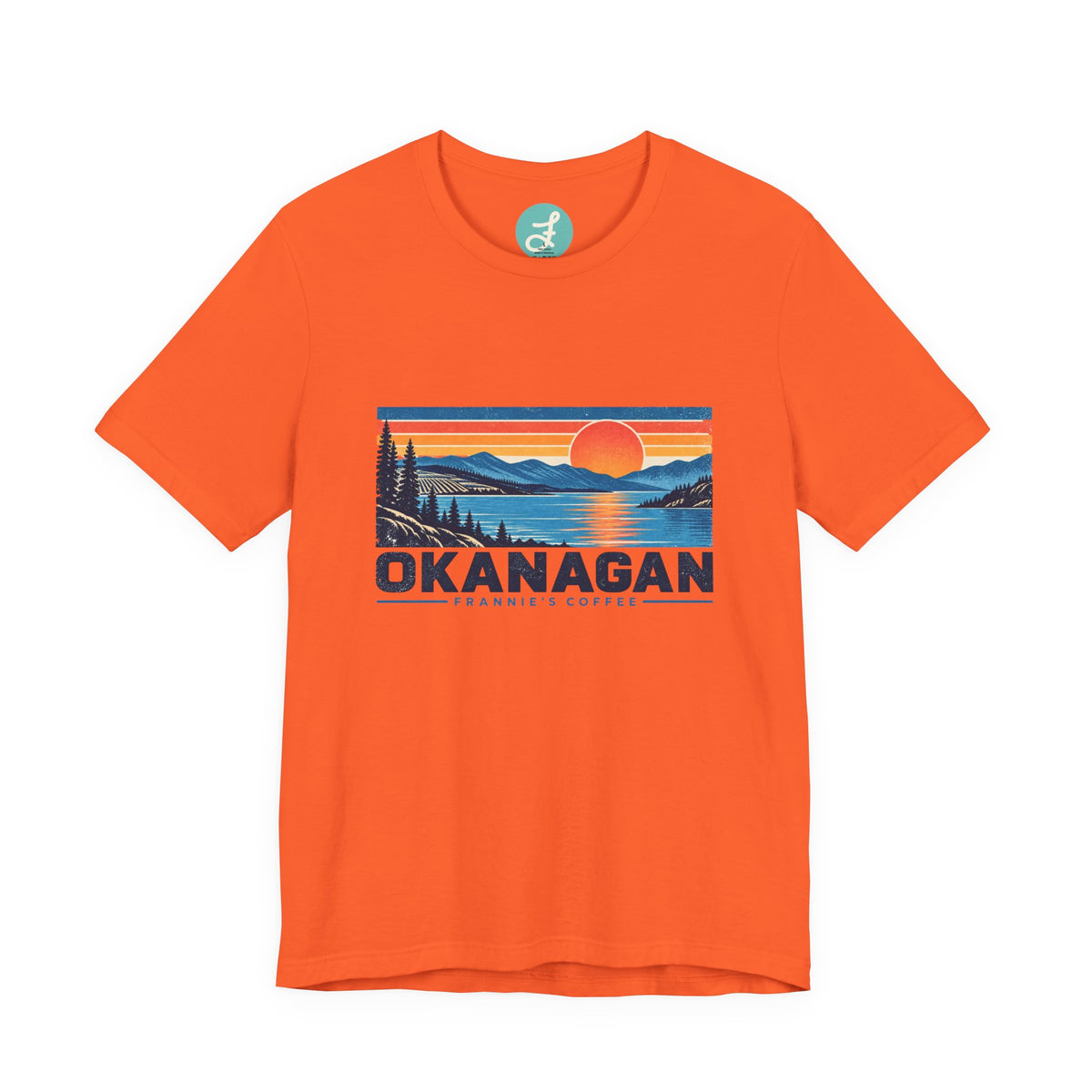 Frannie's Coffee Okanagan t-shirt in Orange: front with the Okanagan lake sunset print