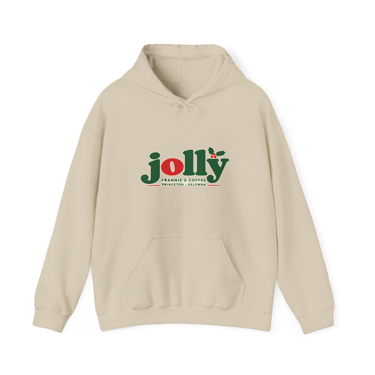 Frannie's Jolly Christmas Hoodie in Sand with the holly jolly Frannie's Coffee logo