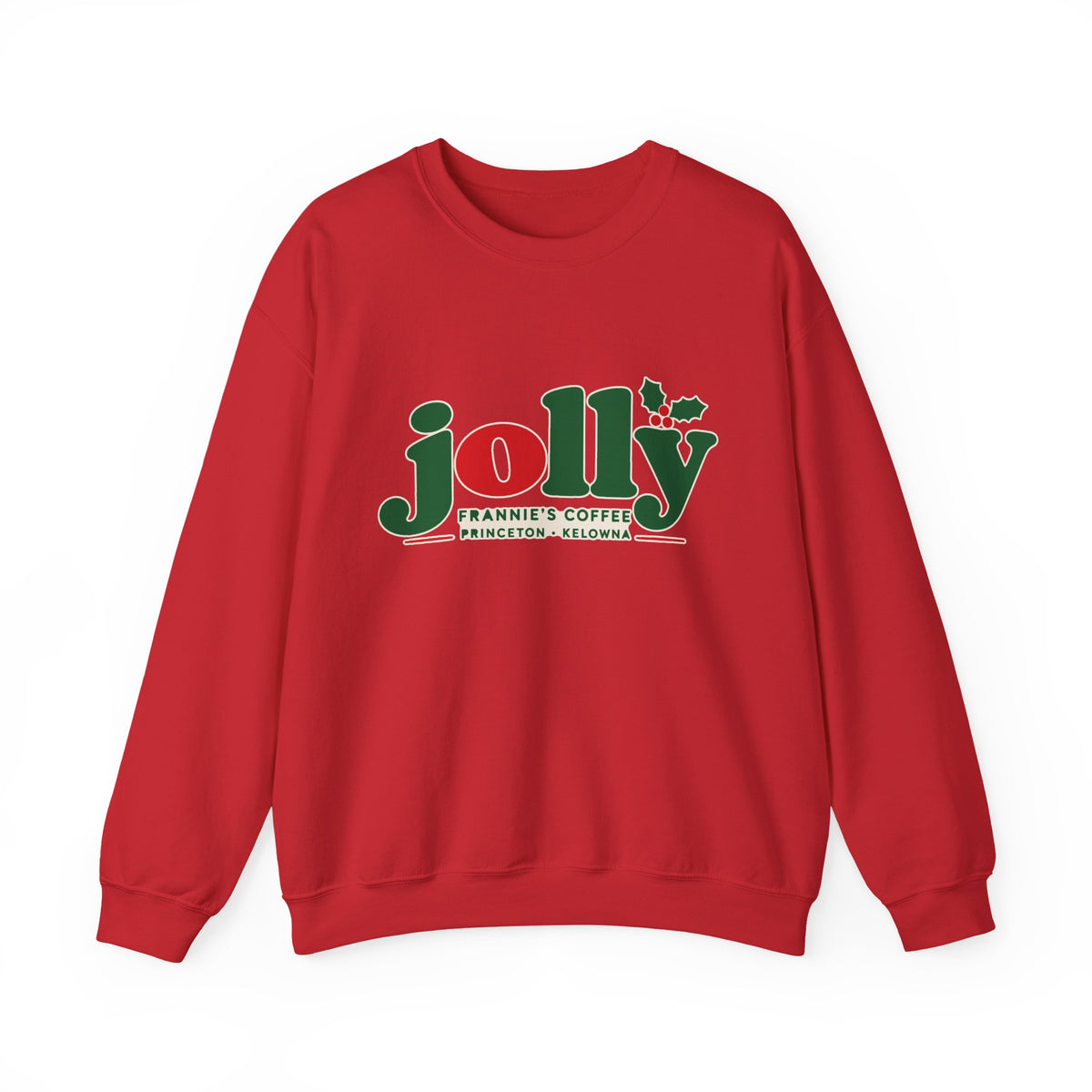 Frannie's Jolly Christmas Crewneck in Red with the holly jolly Frannie's Coffee logo