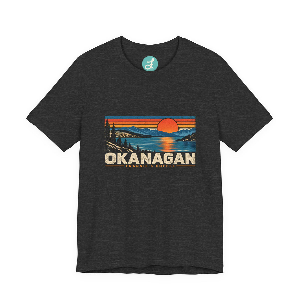 Frannie's Coffee Okanagan t-shirt in Dark Grey Heather: front with the Okanagan lake sunset print