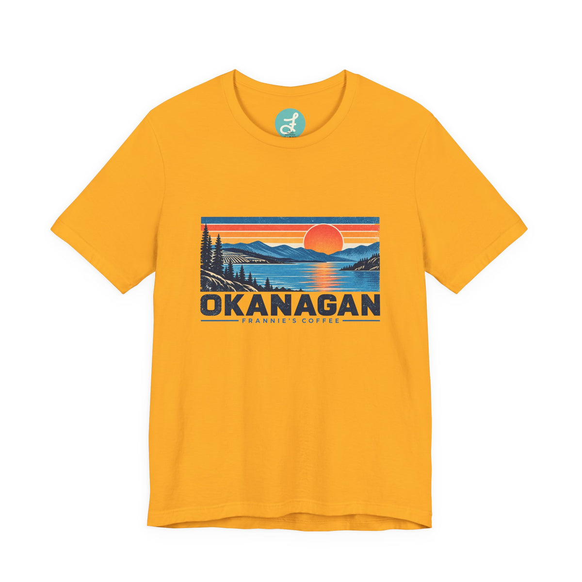 Frannie's Coffee Okanagan t-shirt in Gold: front with the Okanagan lake sunset print
