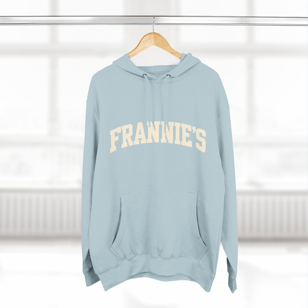 Frannie's varsity hoodie in Blue Mist: on a hanger
