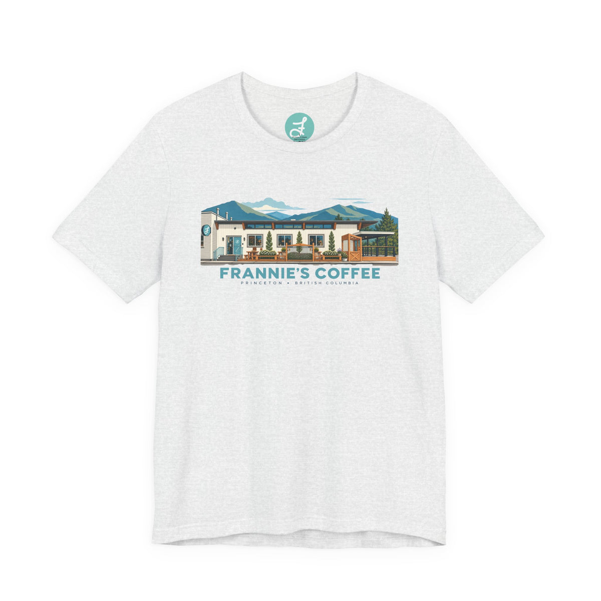 Frannie's Coffee Princeton, BC t-shirt in Ash: front with the Princeton café illustration
