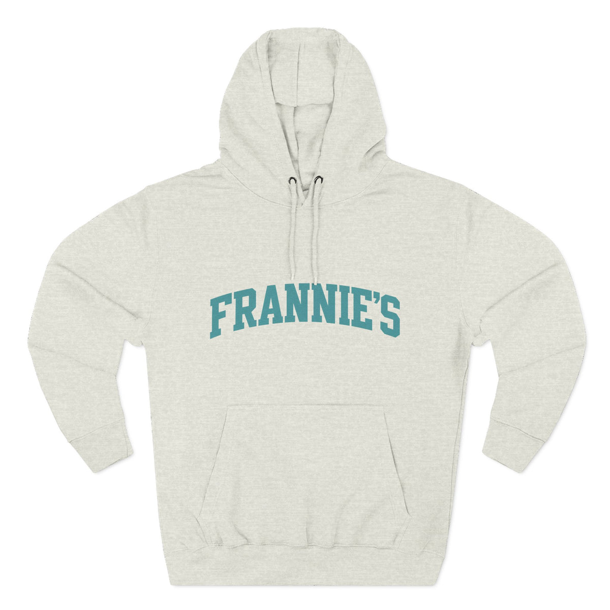 Frannie's varsity hoodie in Oatmeal Heather: front with arched FRANNIE'S lettering