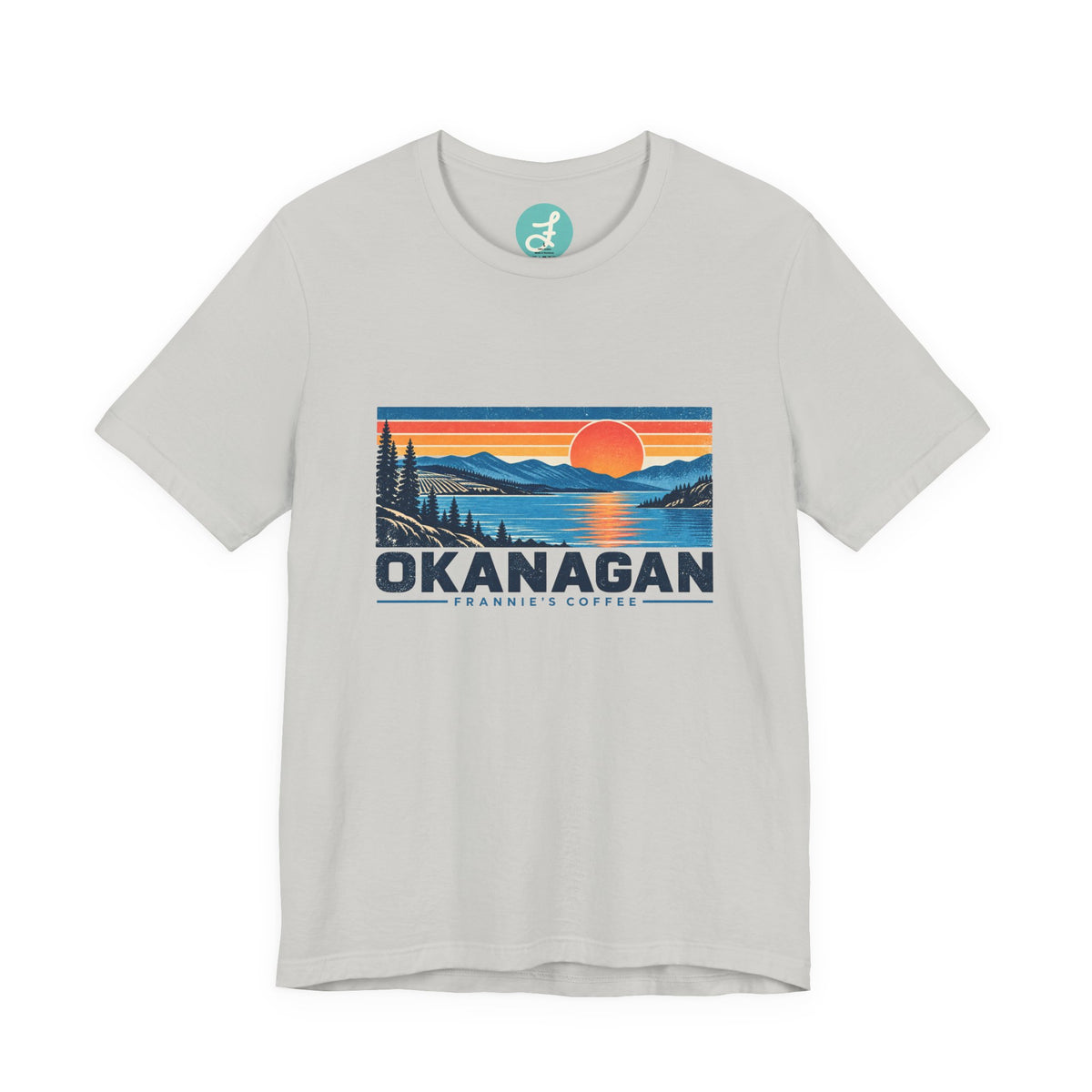 Frannie's Coffee Okanagan t-shirt in Silver: front with the Okanagan lake sunset print