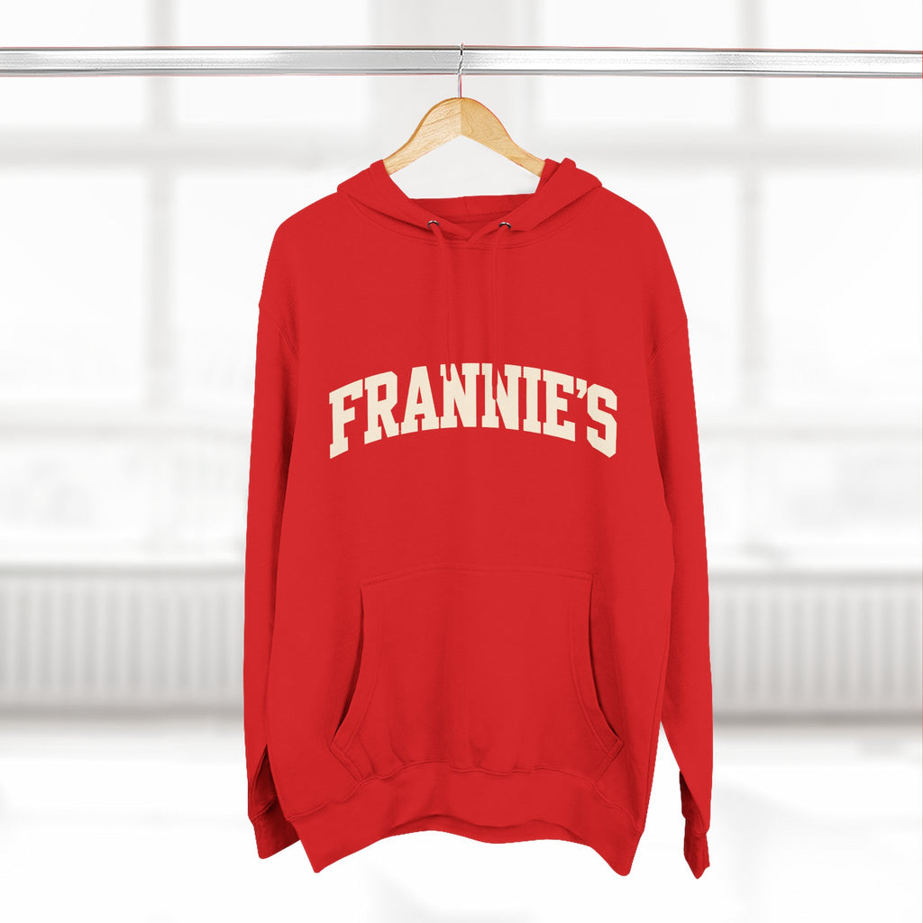 Frannie's varsity hoodie in Red: on a hanger