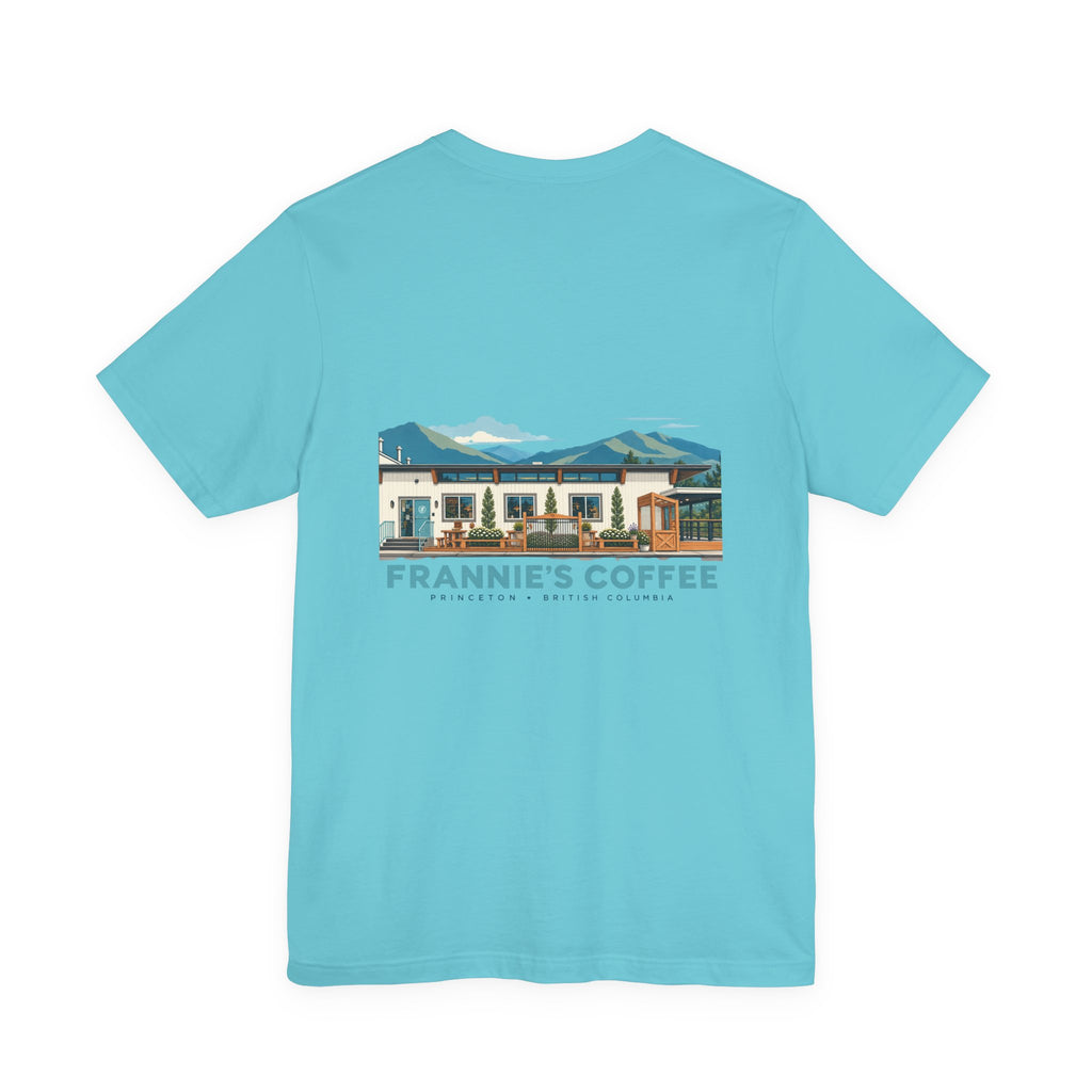 Frannie's Coffee Princeton, BC t-shirt in Turquoise: back print of the Princeton café illustration