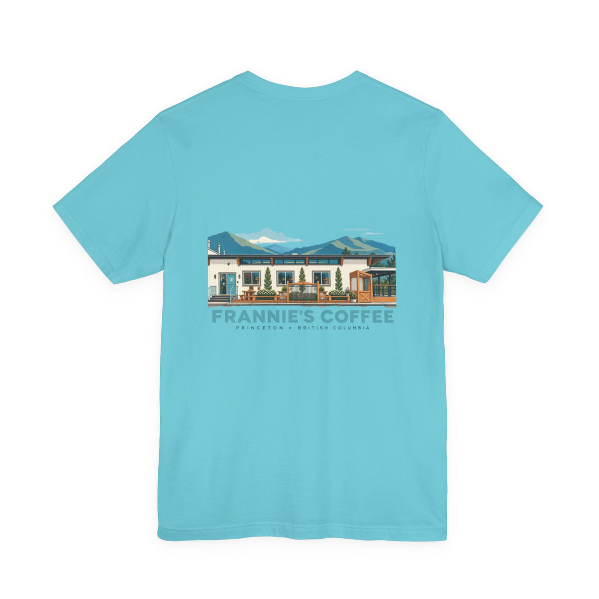Frannie's Coffee Princeton, BC t-shirt in Turquoise: back print of the Princeton café illustration
