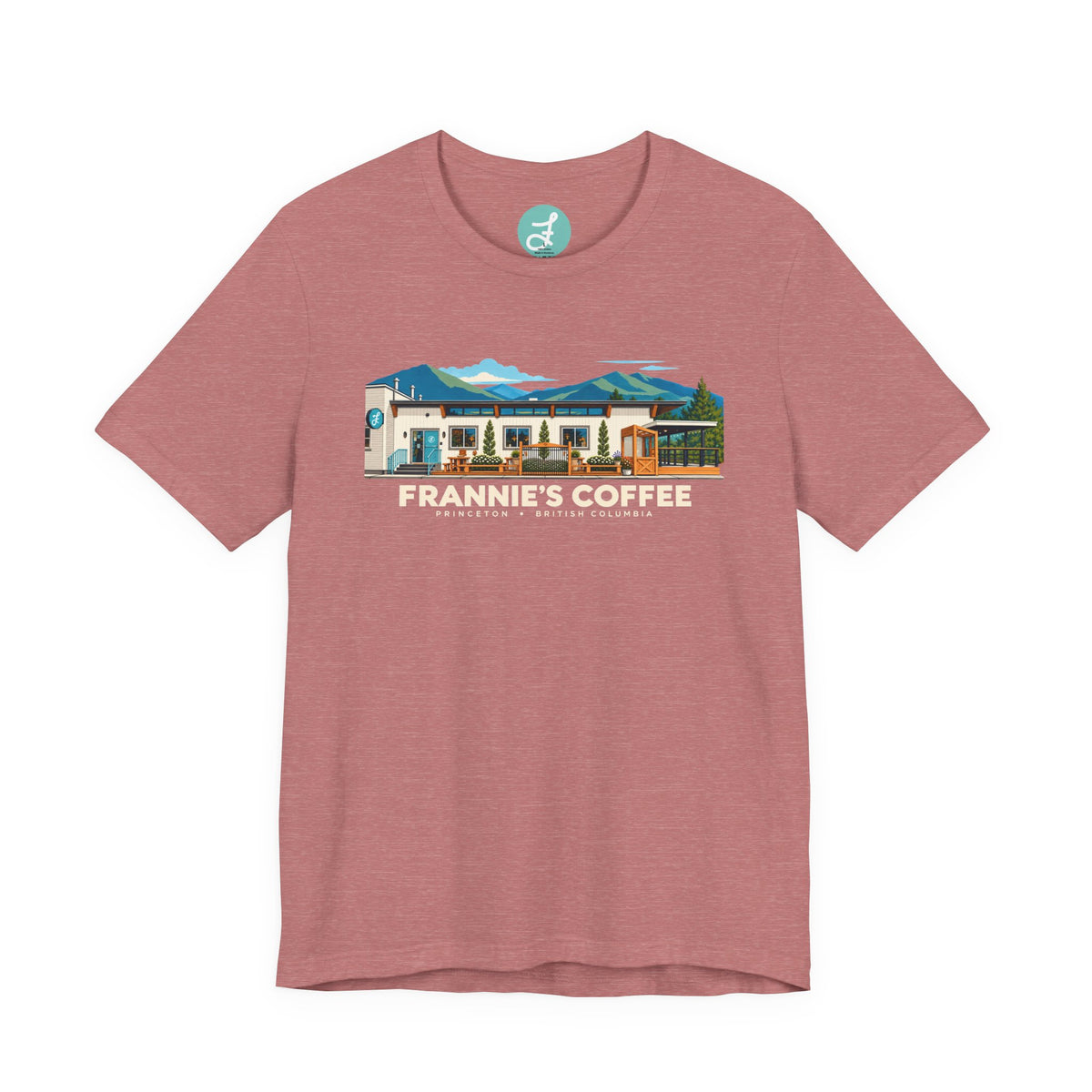Frannie's Coffee Princeton, BC t-shirt in Heather Mauve: front with the Princeton café illustration