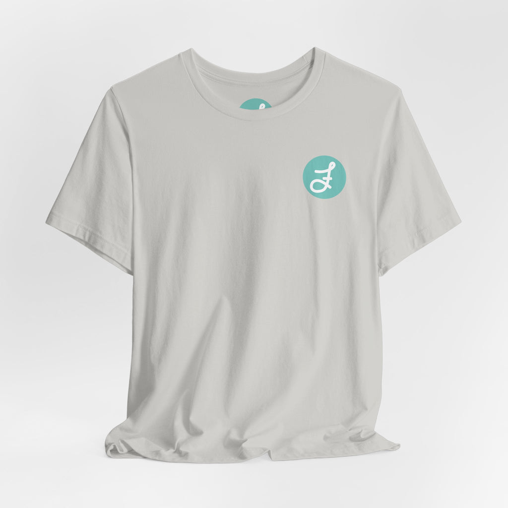 Frannie's Coffee Princeton, BC t-shirt in Silver: front with the F logo on the left chest