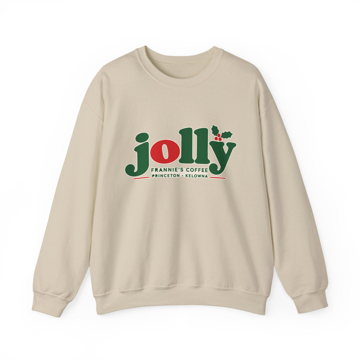 Frannie's Jolly Christmas Crewneck in Sand with the holly jolly Frannie's Coffee logo