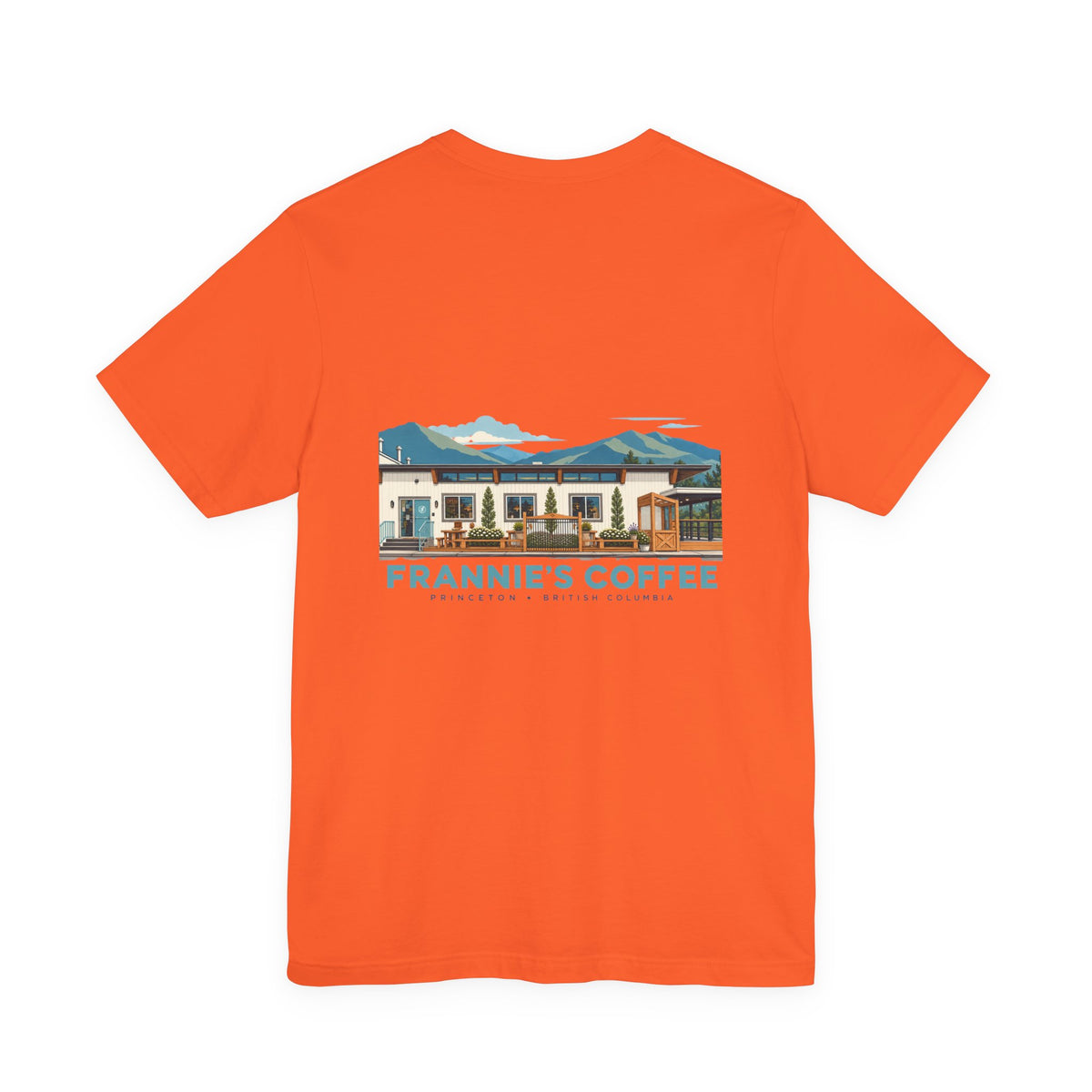 Frannie's Coffee Princeton, BC t-shirt in Orange: back print of the Princeton café illustration