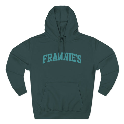 Frannie's varsity hoodie in Sports Green: front with arched FRANNIE'S lettering