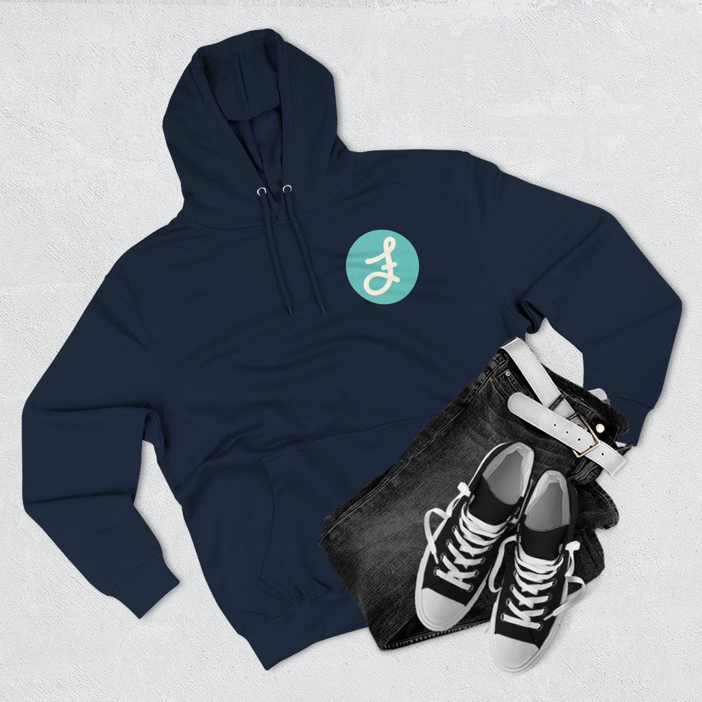 Frannie's Coffee logo hoodie in Navy: laid flat with jeans and sneakers