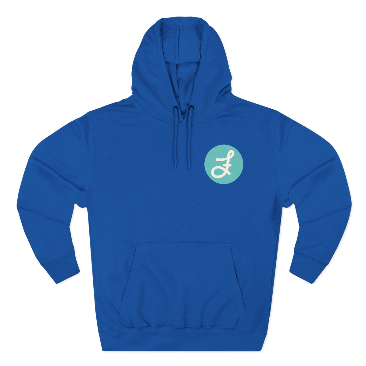 Frannie's Coffee logo hoodie in Royal Blue: front with the F logo on the left chest