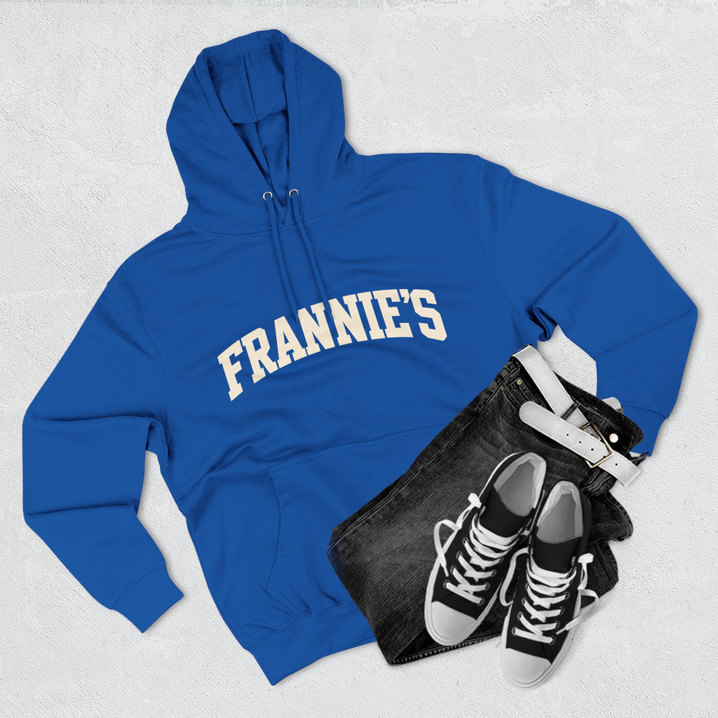 Frannie's varsity hoodie in Royal Blue: laid flat with jeans and sneakers