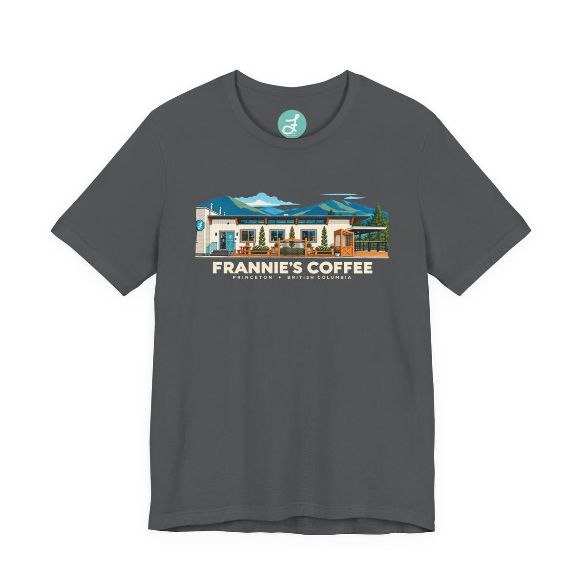 Frannie's Coffee Princeton, BC t-shirt in Asphalt: front with the Princeton café illustration