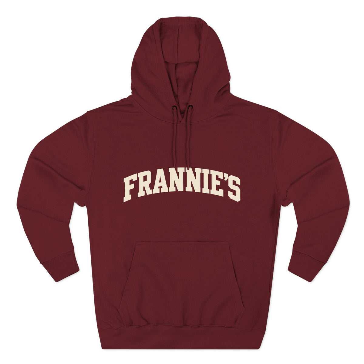 Frannie's varsity hoodie in Burgundy: front with arched FRANNIE'S lettering