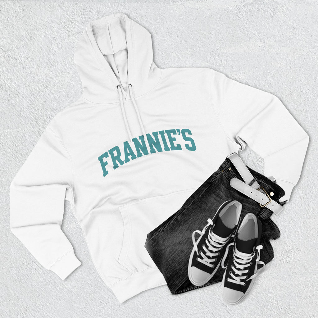Frannie's varsity hoodie in White: laid flat with jeans and sneakers