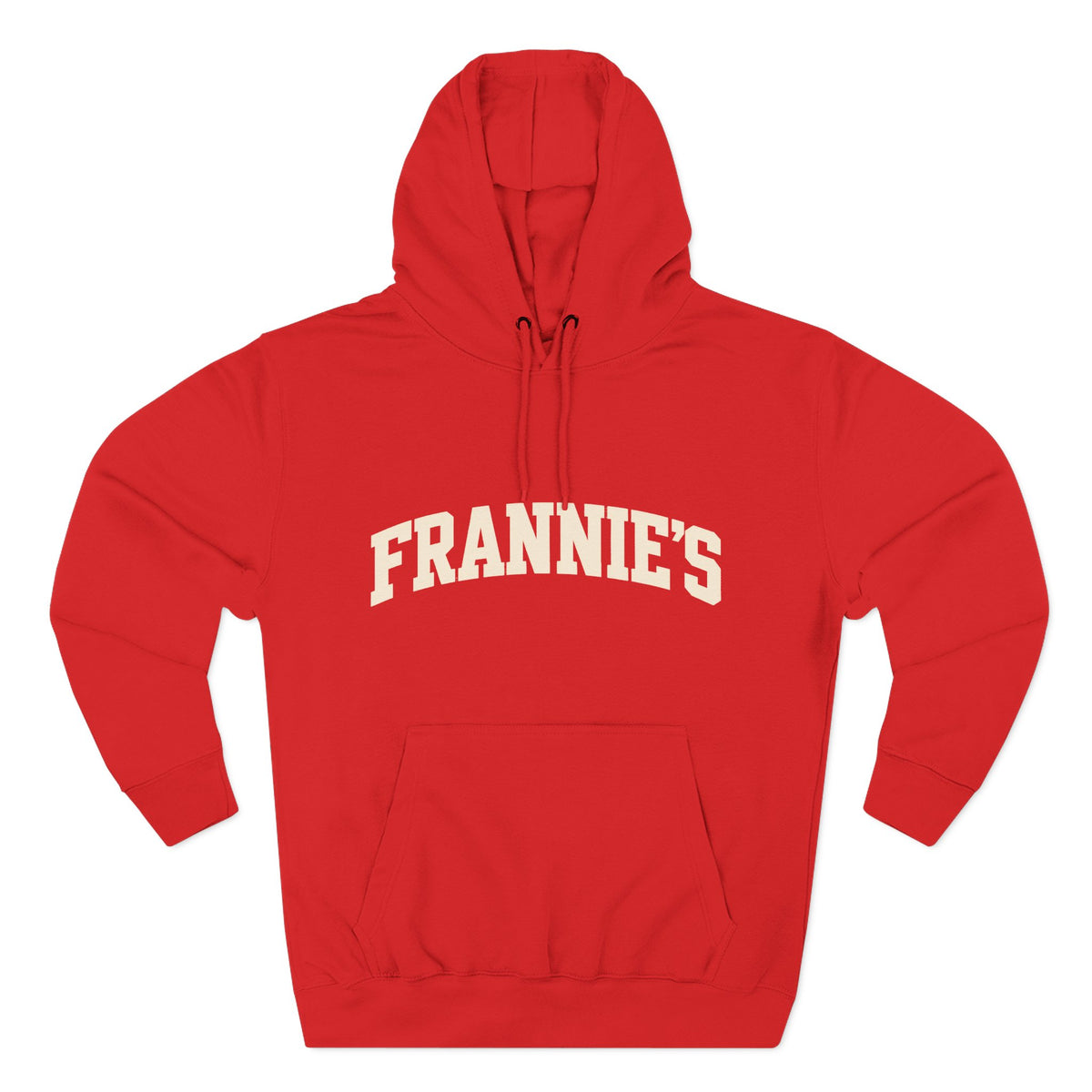 Frannie's varsity hoodie in Red: front with arched FRANNIE'S lettering